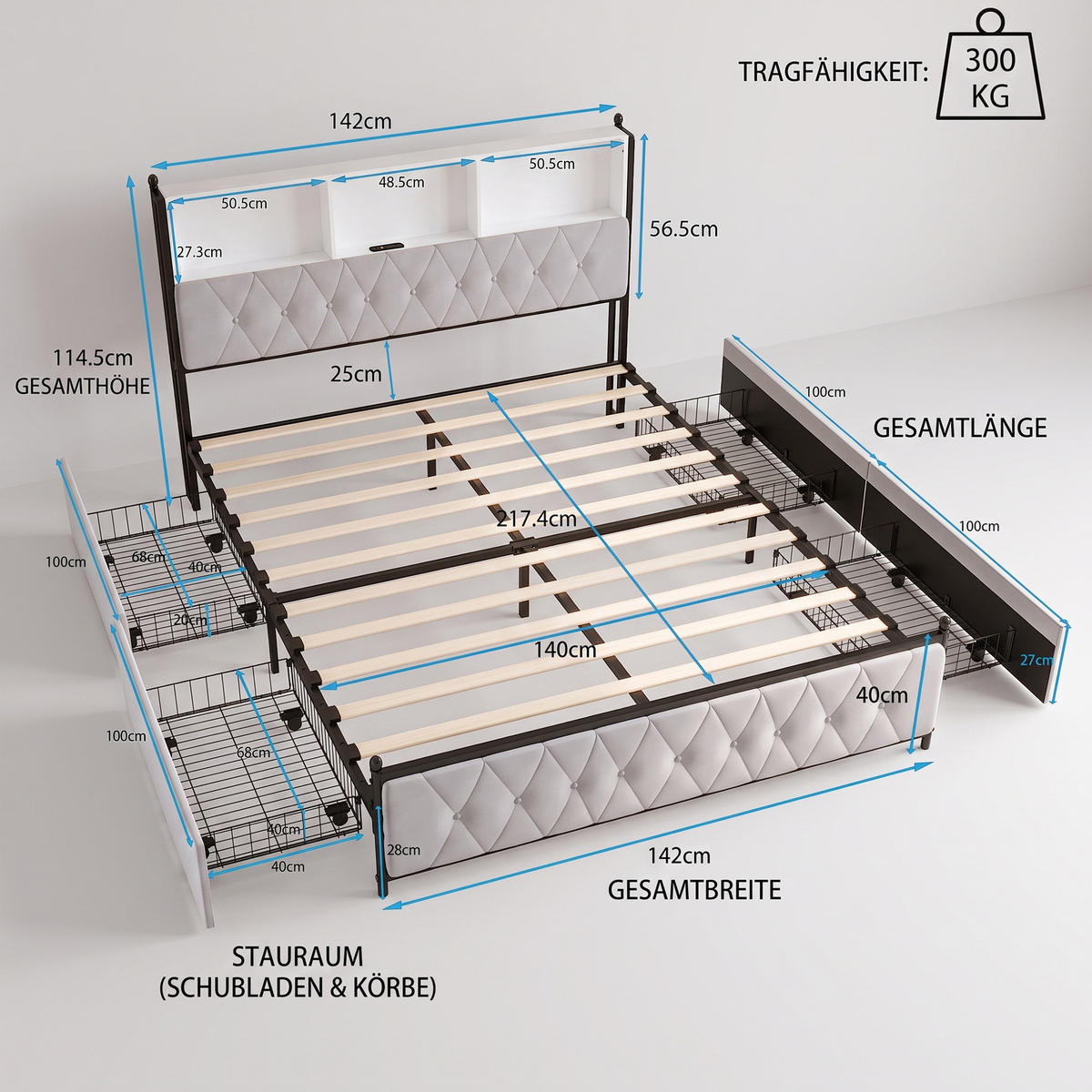 POLSTERBETT 140x200 cm mit USB- und LED-Kopfteil, Bett mit Stauraum und 4 Schubladen, Lattenrost, Samt, Beige - Beige, Holz/Metall (140/200cm) - GENKI LIVING