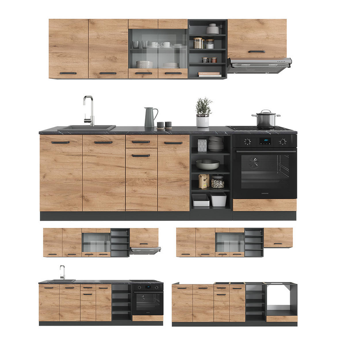 KÜCHENZEILE R-Line Goldkraft Eiche/Anthrazit 240 cm, AP Eiche - Anthrazit/Eiche Wotan, Holzwerkstoff (240/81.6/60cm) - Vicco