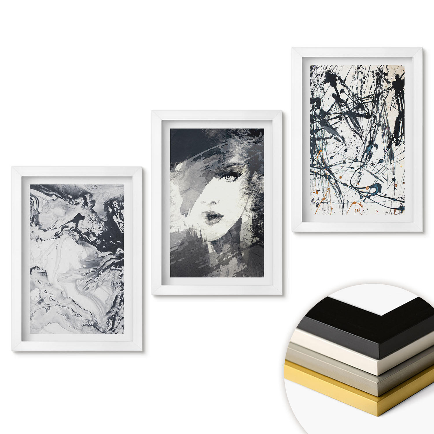 WANDBILDER 3er-Set - 20x30 cm Weißer Rahmen - Abstrakte schwarz-weiße Muster - Weiß, Kunststoff (20/30cm) - ArtPrintCave