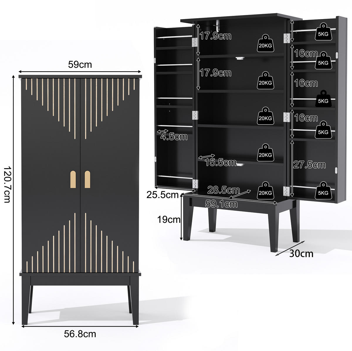 BUFFET 120/59/30 cm aus MDF mit 5 Fächern und Türablagen Schwarz - Schwarz, Holzwerkstoff (59/120/30cm) - Modenvie