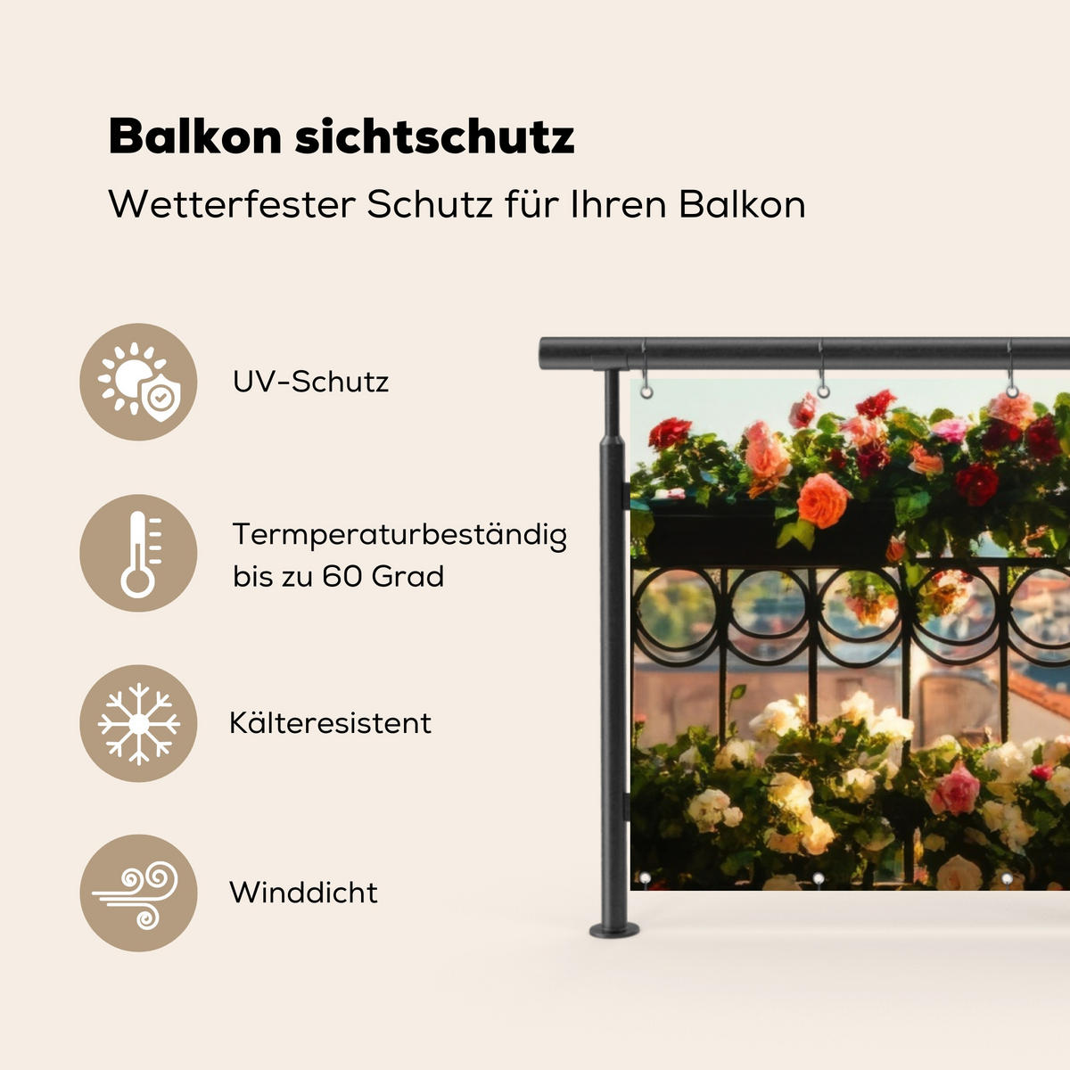 BALKON-SICHTSCHUTZ Blumen - Zaun - Stadtbild - Sommer - Pink, Kunststoff (300/100cm) - MuchoWow