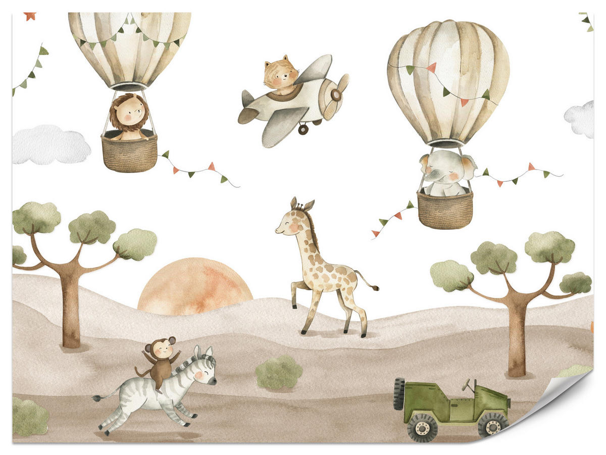 FOTOTAPETE für Kinderzimmer Tiere Ballons Flugzeuge Safari Bäume Hügel 500x350 - Beige/Braun, Papier (500/350cm) - Muralo