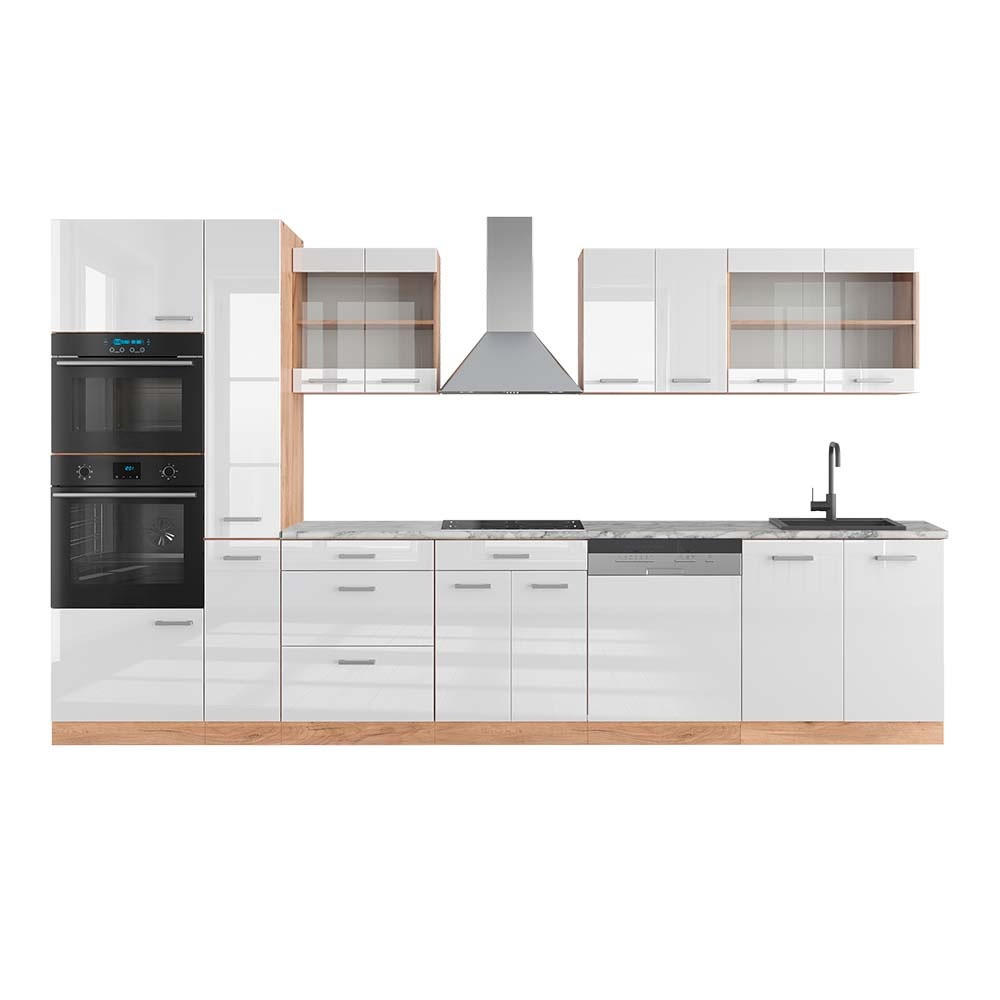 KUHINJSKI BLOK R-Line Bela barva visokega sijaja/zlata barva hrasta power 350 cm z visoko omaro, DP Marmor - bela/medeni hrast, leseni material (350/206.8/60cm) - Vicco