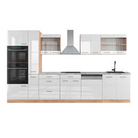 KÜCHENZEILE R-Line Weiß Hochglanz/Goldkraft Eiche 350 cm mit Hochschrank, AP Marmor - Honigeiche/Weiß Hochglanz, Holzwerkstoff (350/206.8/60cm) - Vicco