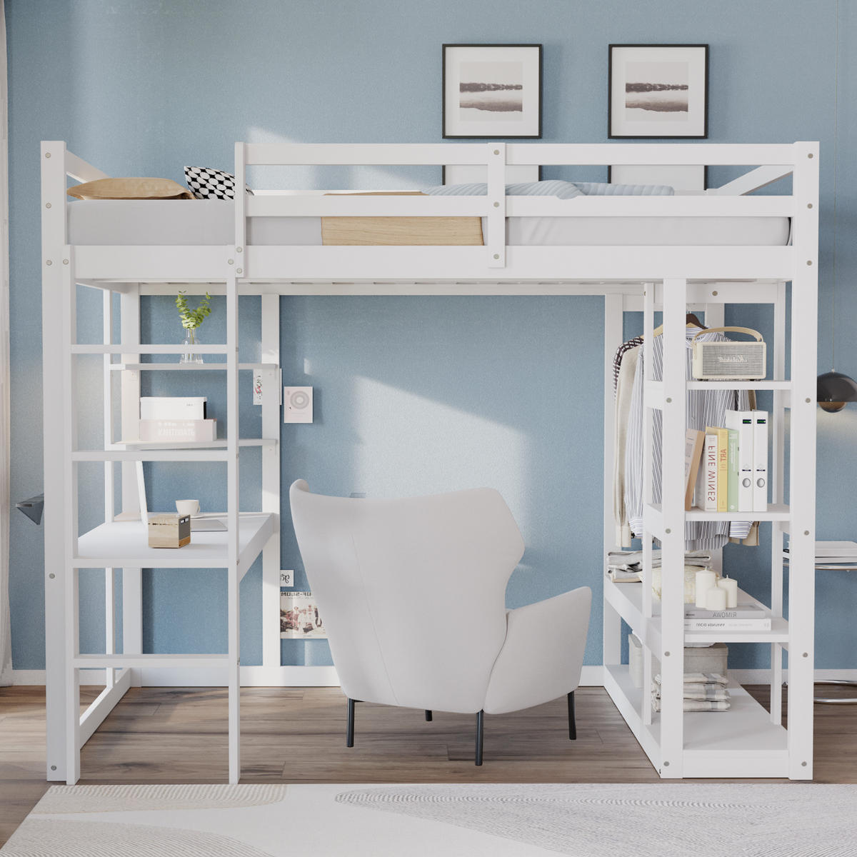 HOCHBETT 140x200 Massivholz Leiter Tisch Regale Ablage Weiß - Weiß, Holzwerkstoff - FLIEKS
