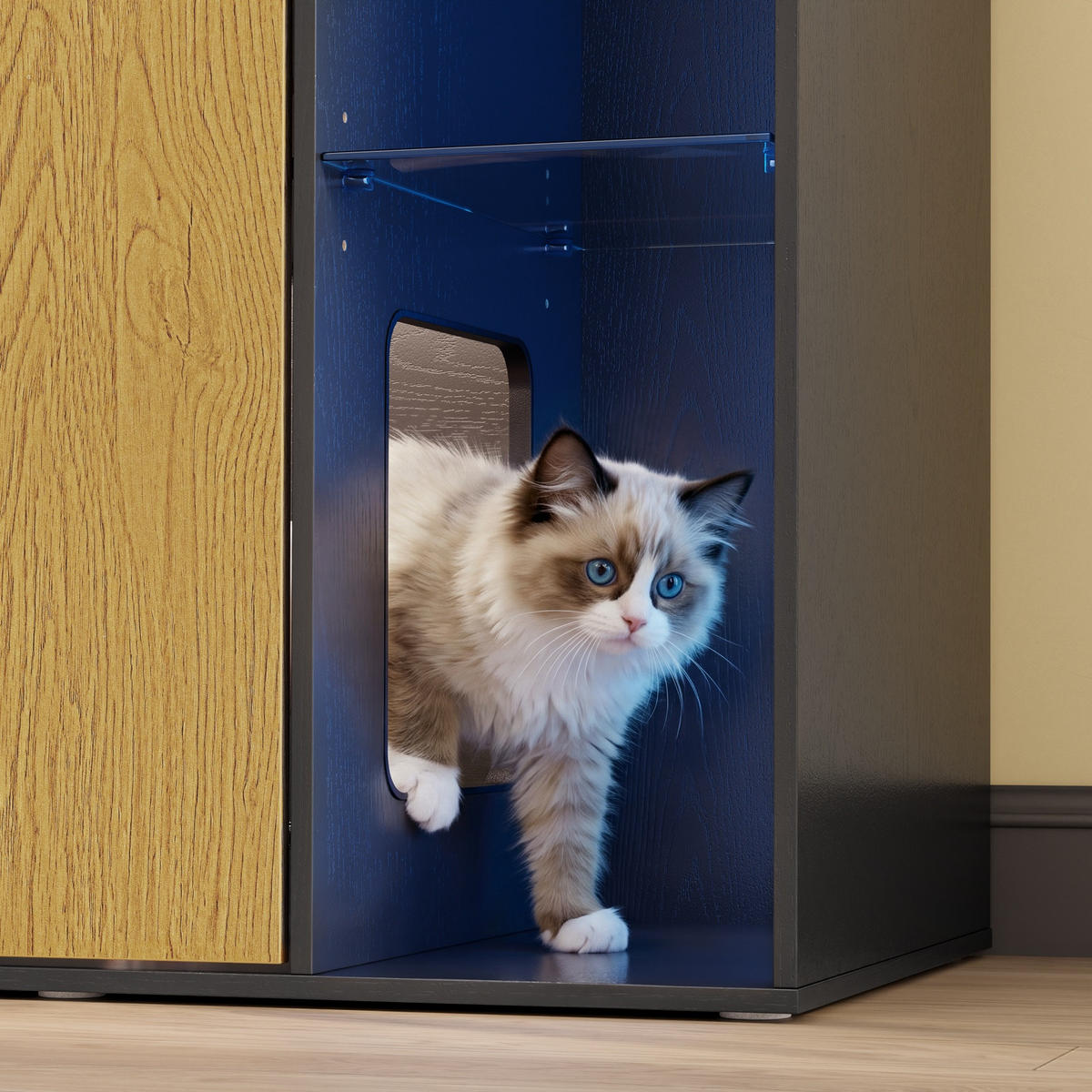 KATZENKLO-SCHRANK mit Aufbewahrung und integrierter Katzentoilette HAT08-E-SCH - Ahornfarben/Schwarz, Kunststoff/Fell (45/75/85cm) - SoBuy