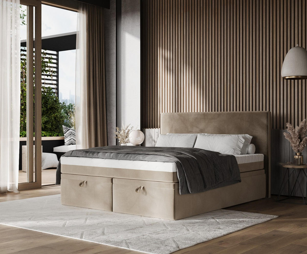 BOXBETT Zalla 180/200 cm Taupe im Paros Stoff - Taupe/Schwarz, Holz/Holzwerkstoff (180/200cm) - AltaBeds