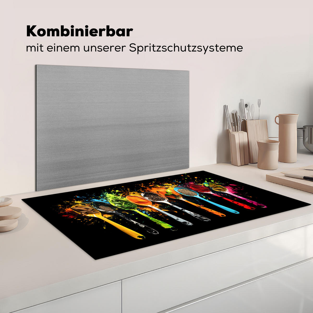 KRYT NA INDUKČNÍ DESKU Lžičky - koření - moderní - graffiti - barva - barevné 91.6x52.7 cm - různobarevná, plast (91.6/52.7/0.2cm) - MuchoWow