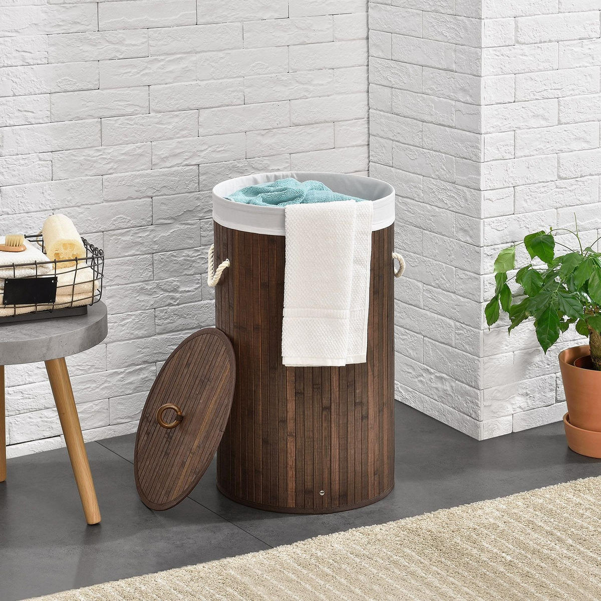 WÄSCHEKORB Curly-Round 55 L natur - Braun, Holz (35/60/35cm) - Juskys