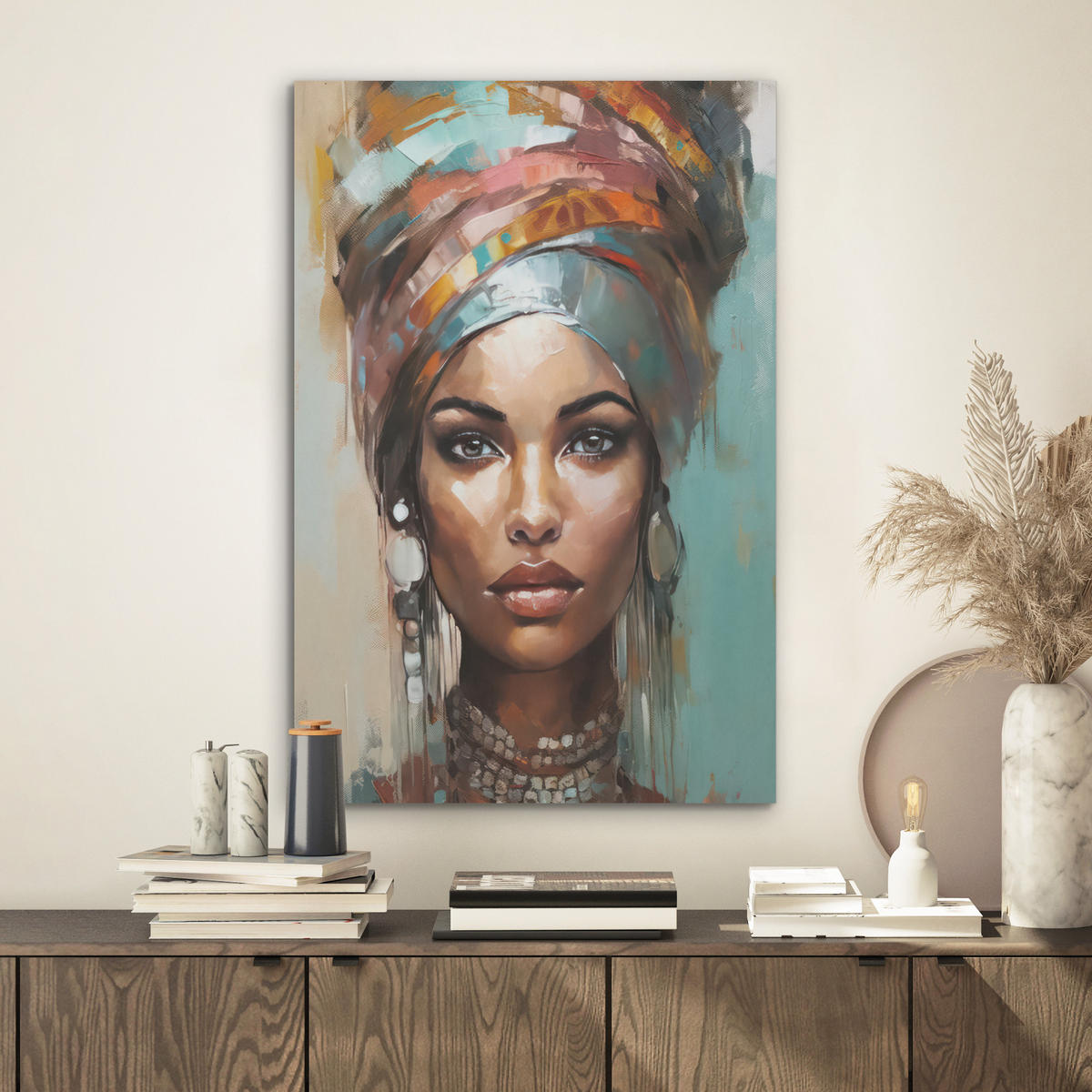 AKUSTIKBILD Frau - Kunst - Schmuck - Porträt Kunstdruck Schlafzimmer 50x70 cm - Blaugrau, Kunststoff (50/70/0.9cm) - MuchoWow