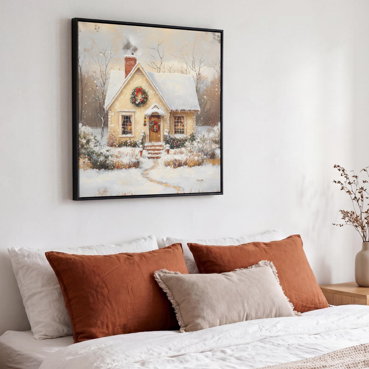 LEINWAND Bilder mit Rahmen - Weihnachten - Zuhause - Winter - Schnee - 50x50 - Creme, Textil (50/50cm) - MuchoWow