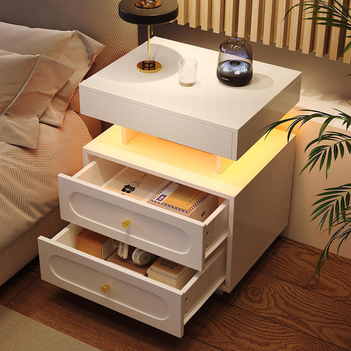 NACHTISCH mit LED-Beleuchtung,2 Schubladen und offenem Stauraum - Weiß, Holz (40/60/50cm) - KOMHTOM