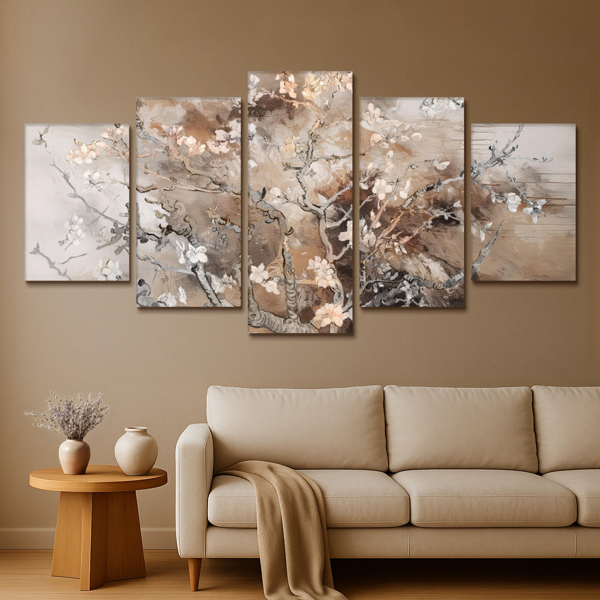 LEINWANDBILD 5er Set Mandelblüte - Abstrakt - Beige 200x100 cm - Beige, Textil (200/100cm) - MuchoWow