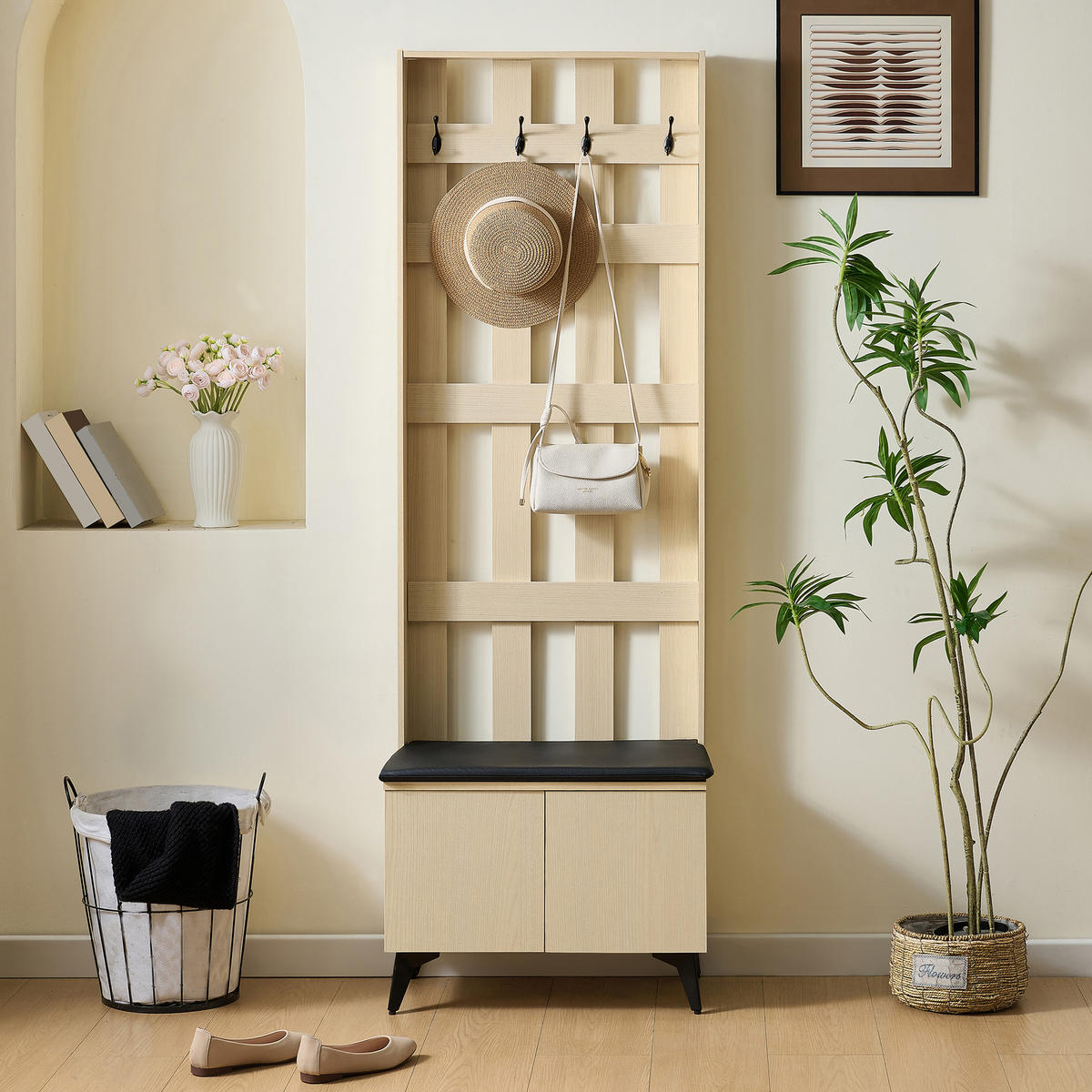 GARDEROBE Sitzbank Kleiderhaken 4 Haken Stahl Schwarz Flur Modern - Naturfarben, Holzwerkstoff (60/179.5/35cm) - FLIEKS