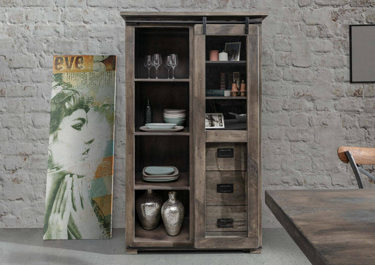 VITRINE Mango 100x45x175 grau lackiert RAILWAY #226 - Grau, Holz (100/175/45cm) - Massivmoebel24