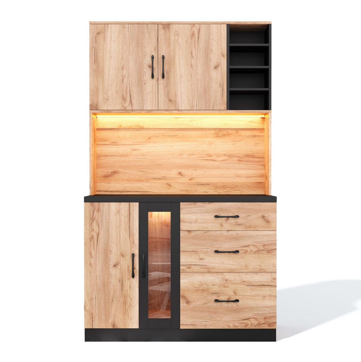 BUFFETSCHRANK 105/40/180 cm mit LED-Beleuchtung, verstellbaren Einlegeböden und Steckdosen, Neutral - Naturfarben, Holzwerkstoff (105/180/40cm) - Redom
