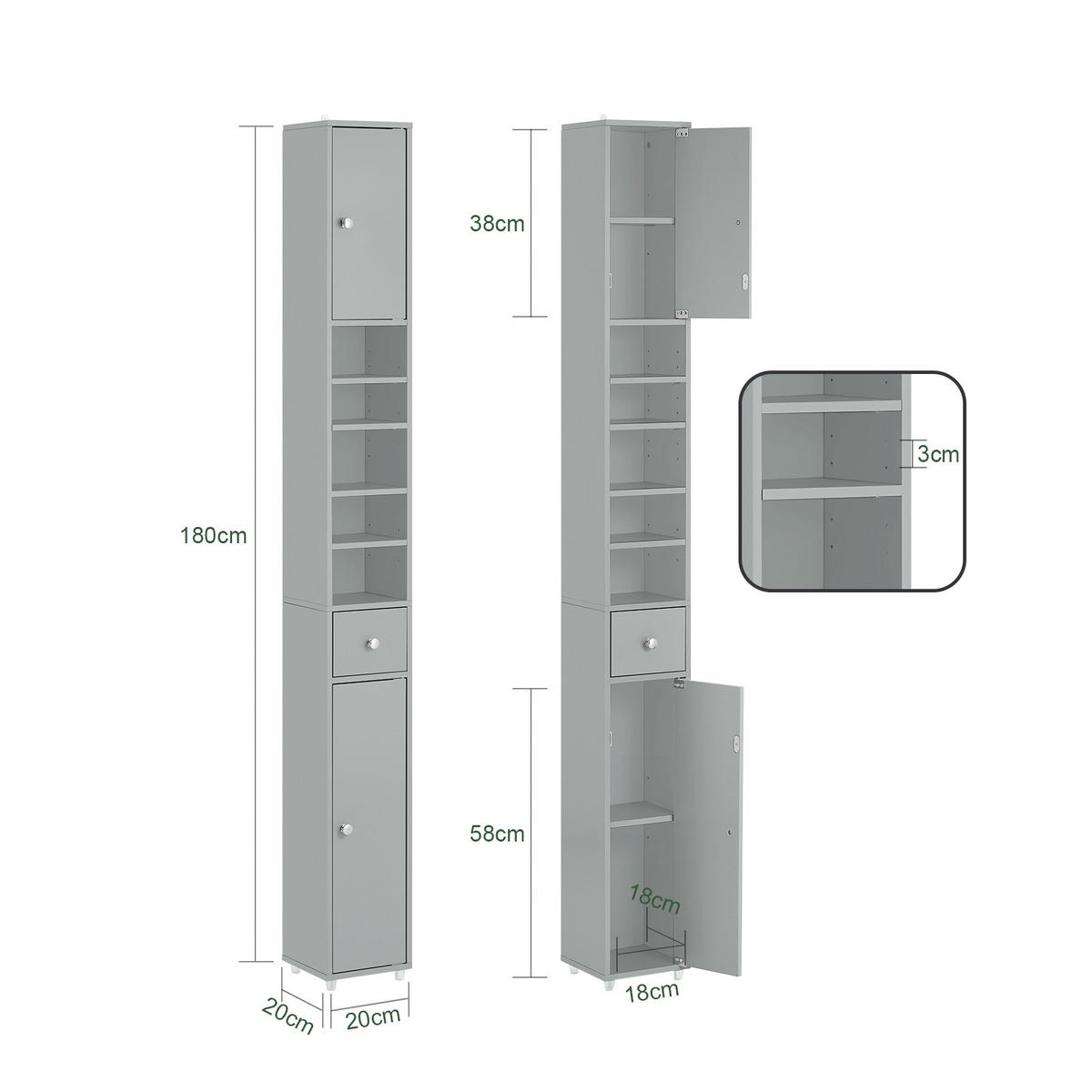 HOCHSCHRANK schmal Hellgrau - Hellgrau, Holzwerkstoff (20/180/20cm) - SoBuy