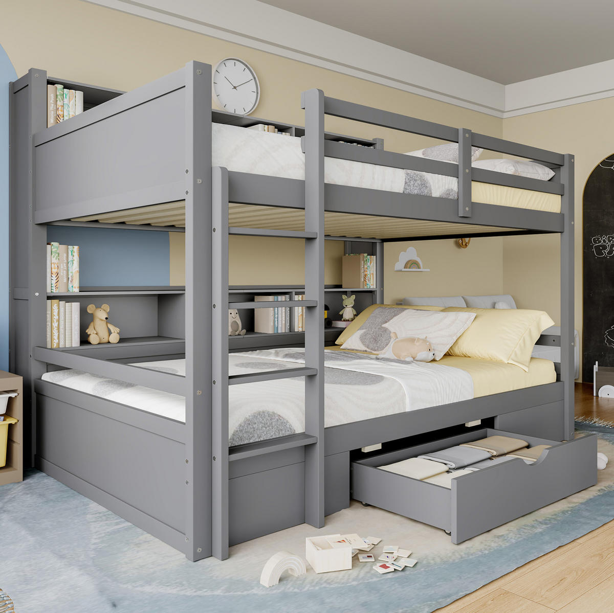 ETAGENBETT 90/200 cm Grau aus Kiefernholz mit Stauraum und Schubladen - Grau, Holz (90/200cm) - OKWISH