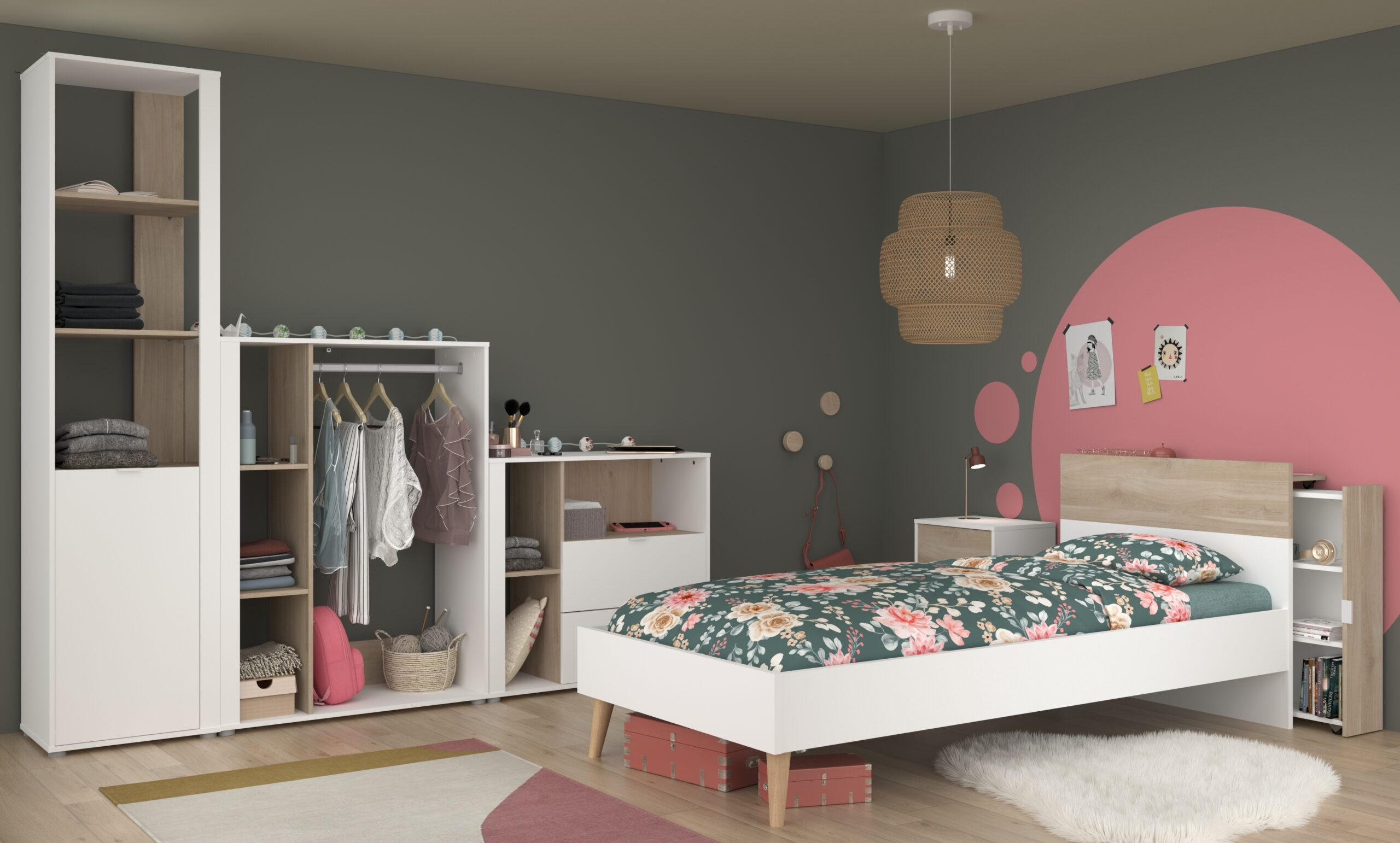 JUGENDZIMMER Aalborg 4 in Weiß und Japanischer Eiche 6 teilig - Weiß, Holzwerkstoff (120/200/80cm)