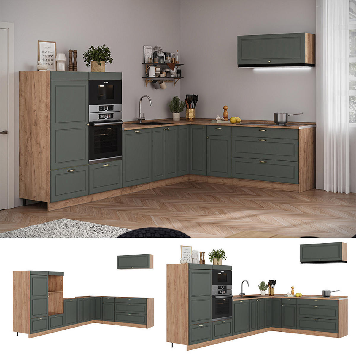 ECKKÜCHE Fame-Line, Grün-Gold Landhaus/Goldkraft Eiche, 327 x 227 cm, AP Eiche - Honigeiche/Grün, Holzwerkstoff (327/153.6/60cm) - Vicco