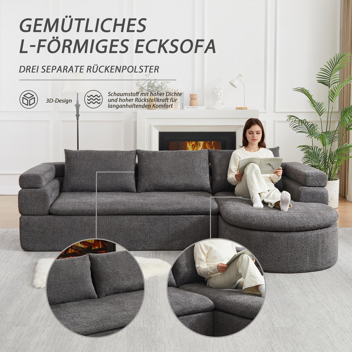 ECKSOFA 260/170/65 cm Grau Chenille mit Chaiselongue - Grau, Textil (260/170cm) - Oxeza