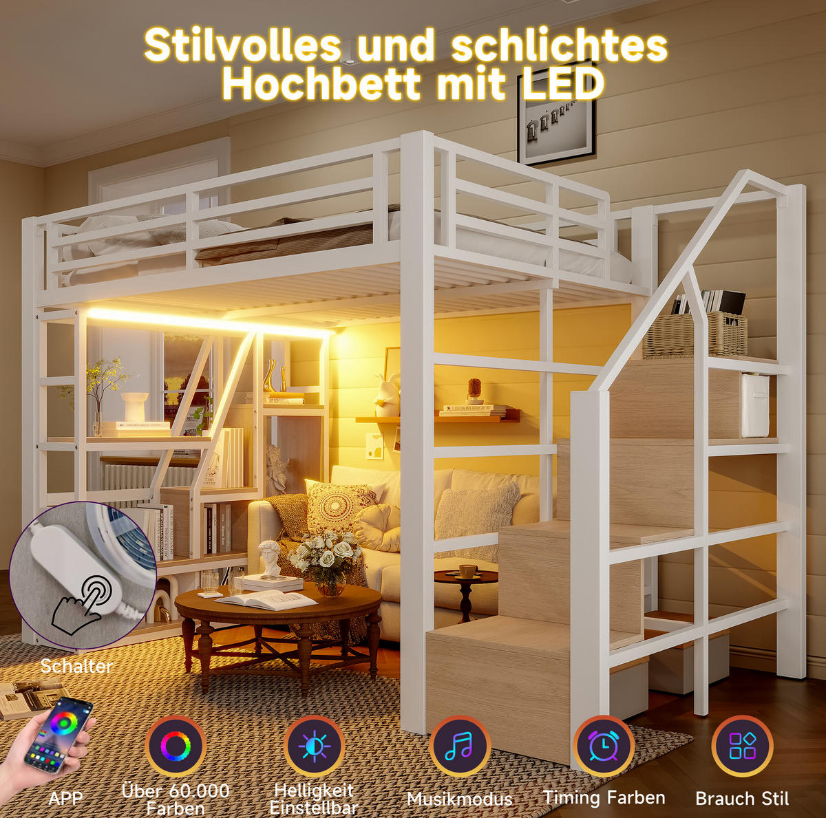 HOCHBETT 140/200 cm in Weiß mit LED-Beleuchtung und Stauraum - Weiß, Holzwerkstoff (140/200cm) - Flora Grace