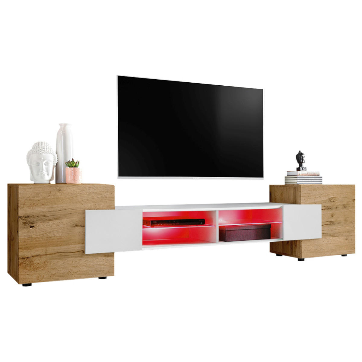 LOWBOARD MERANO Eiche Wotan, LED Beleuchtung Mehrfarbige - Eiche Wotan/Weiß, Glas/Holzwerkstoff (230/52.5/35cm) - Komodee