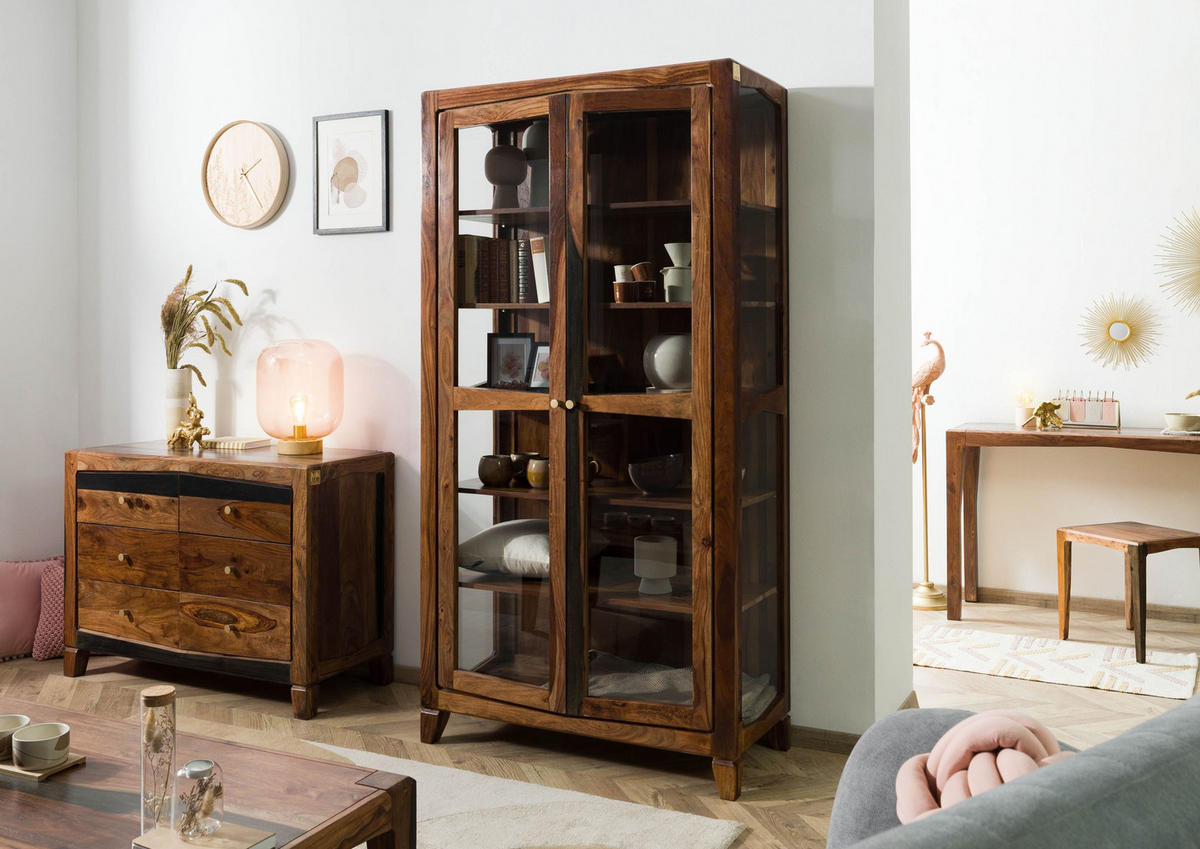 VITRINE Sheesham 100x45x195 dunkelbraun lackiert ANCONA #236 - Dunkelbraun, Holz (100/195/45cm) - Massivmoebel24