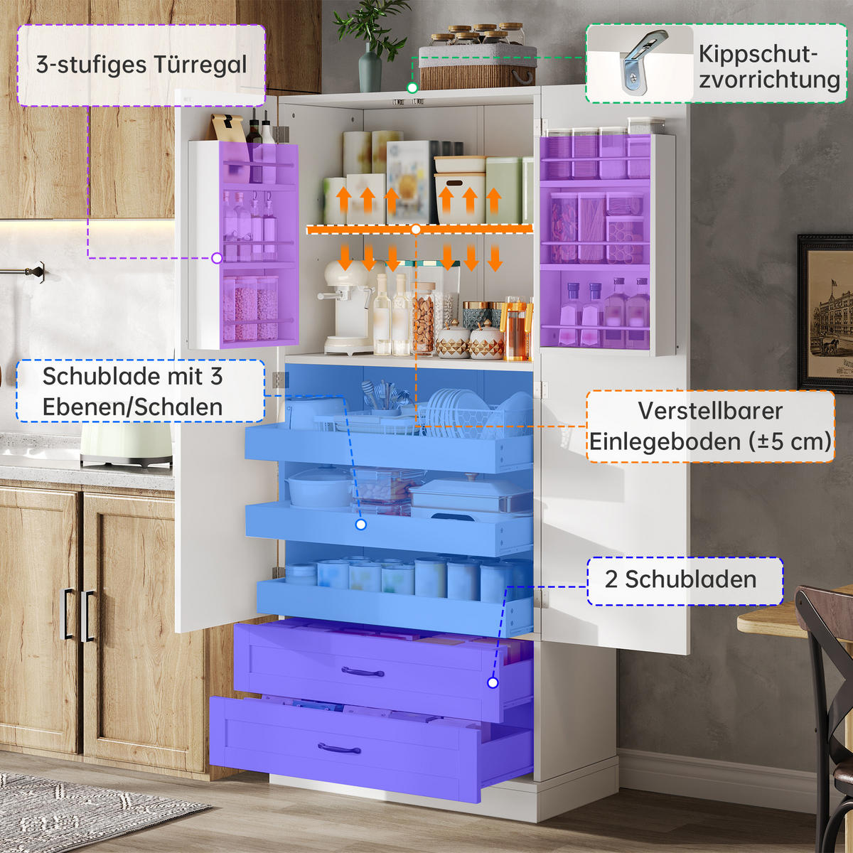 HIGHBOARD DE-38728 80/37,5/180 cm 3 Ausziehböden und 2 Schubladen Weiß - Weiß, Holzwerkstoff (80/180/37.5cm) - ComfortXL