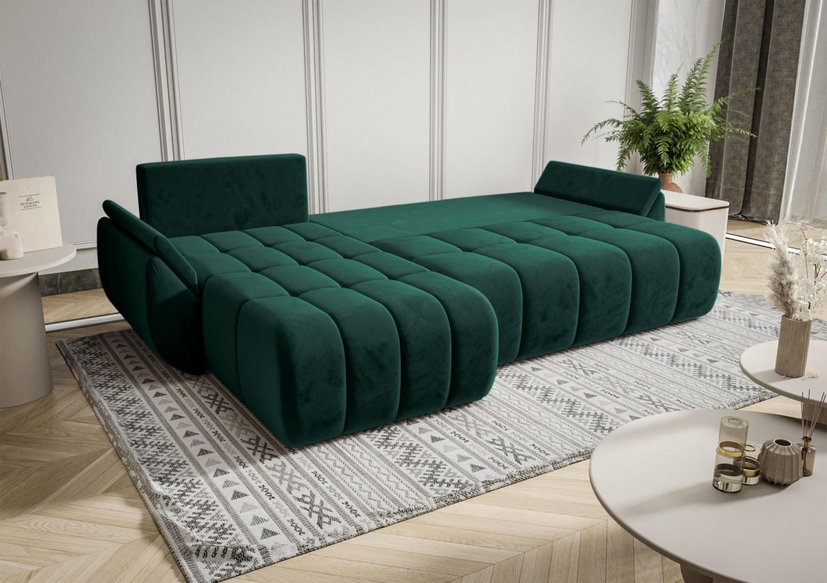 ECKSOFA Romuldi mit Schlaffunktion, Grün Samt, linksseitig - Schwarz/Grün, Kunststoff/Textil (280/185cm) - Selsey