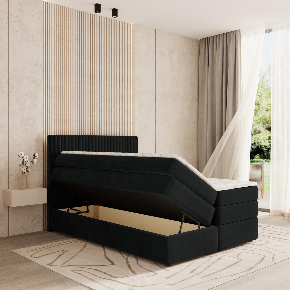 BOXSPRINGBETT FELBIO 160x200 cm mit Matratze und Topper - Schwarz - Schwarz, Holz (160/200cm) - MASSENO