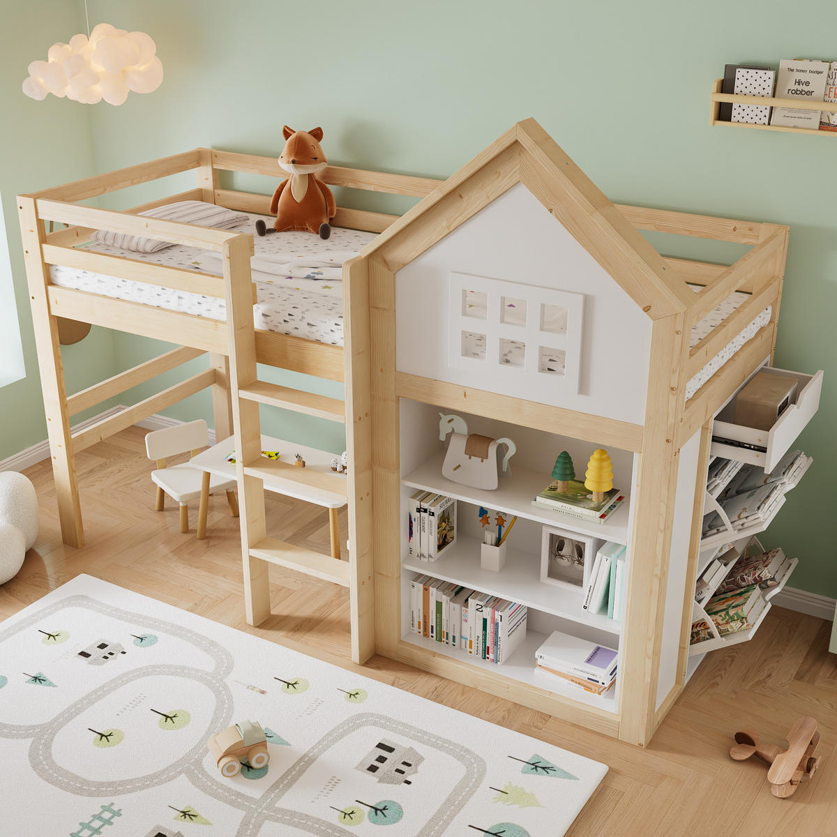 HOCHBETT 90x200 cm in Weiß+Natur mit Staufächern und Schubladen - Naturfarben, Holz (90/200cm) - KOMHTOM