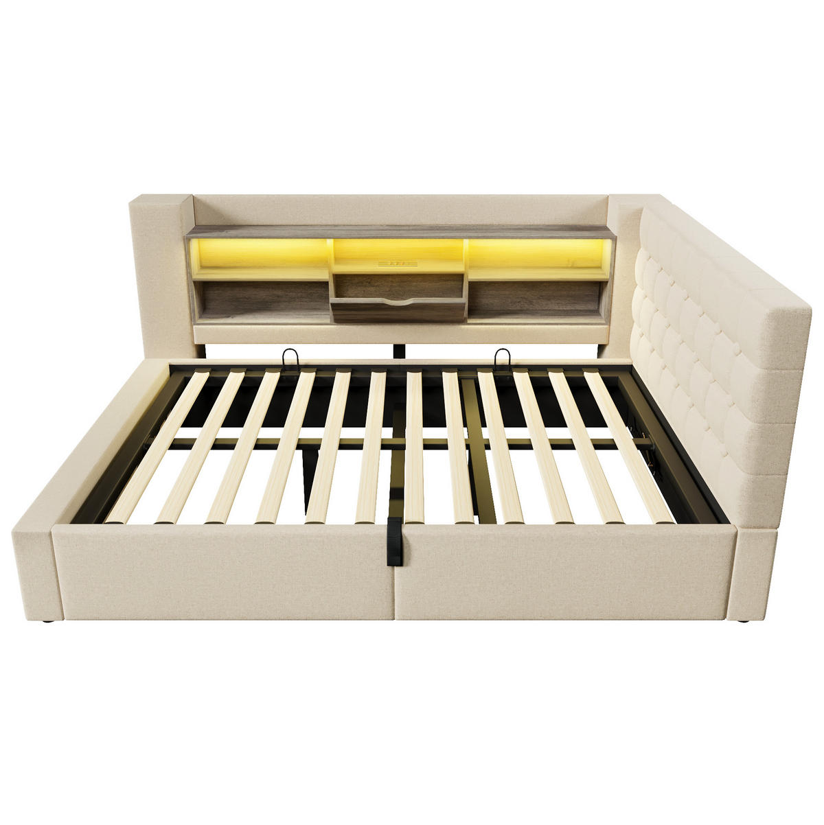 POLSTERBETT 140/200 cm Beige aus Leinen mit LED und Stauraum - Beige, Textil (140/200cm) - OKWISH