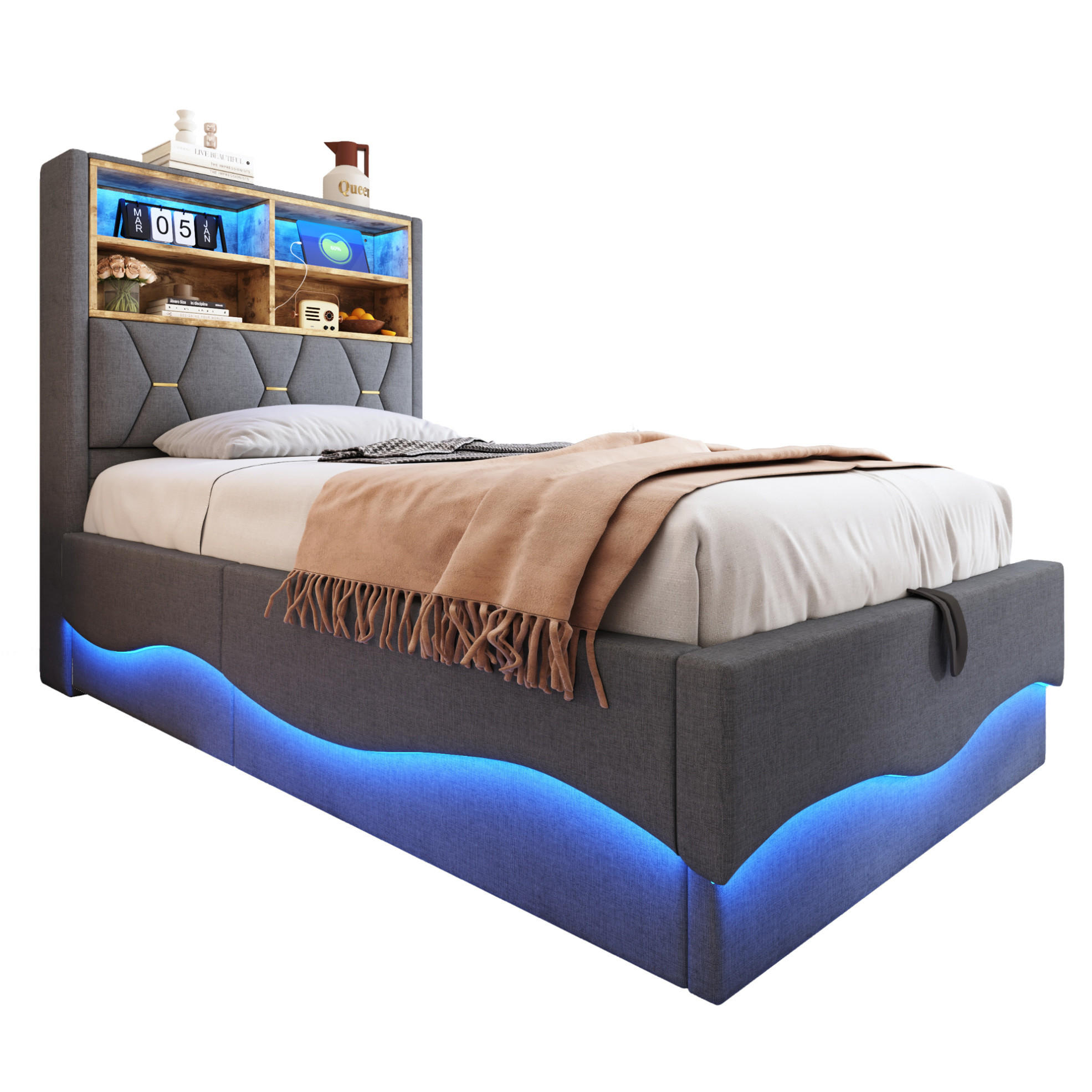 KINDERBETT 90/200 cm mit LED-Beleuchtung, USB und hydraulischem Bettkasten, Leinenpolsterung, Grau - Grau, Metall (90/200cm) - Redom