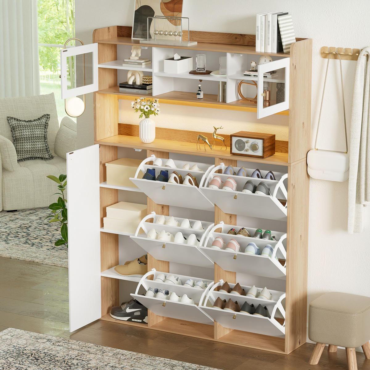 SCHUHSCHRANK 130x25x180cm mit Glas, LED und 6 Klappen - Weiß/Naturfarben, Holzwerkstoff (130/180/25cm) - FLIEKS