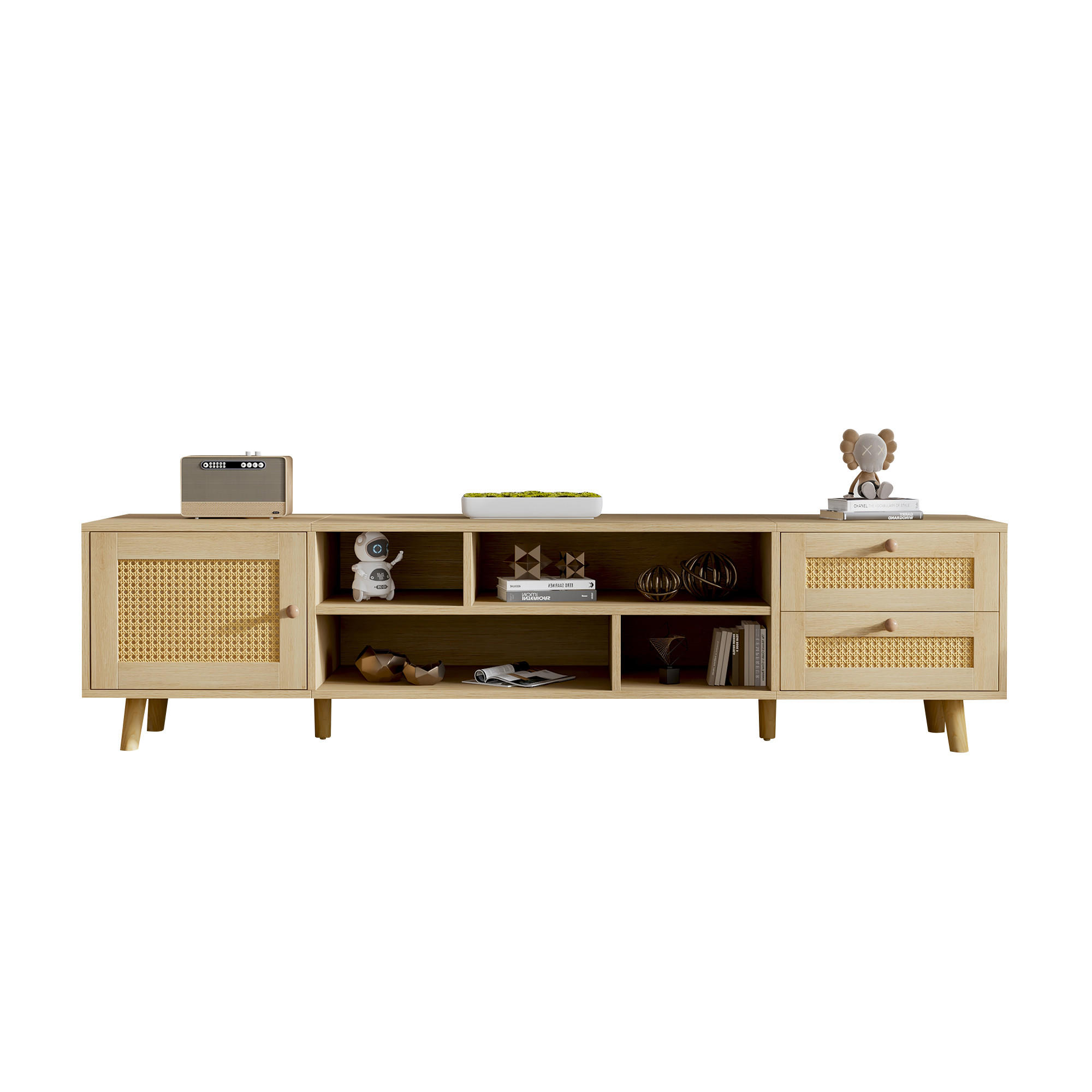 TV-SCHRANK aus Spanplatte und Rattan 160x39x40,5 cm Eichefarben mit Kabelmanagement, 2 Schubladen und höhenverstellbaren Füßen - Naturfarben, Holzwerkstoff (160/40/39cm) - Modfu