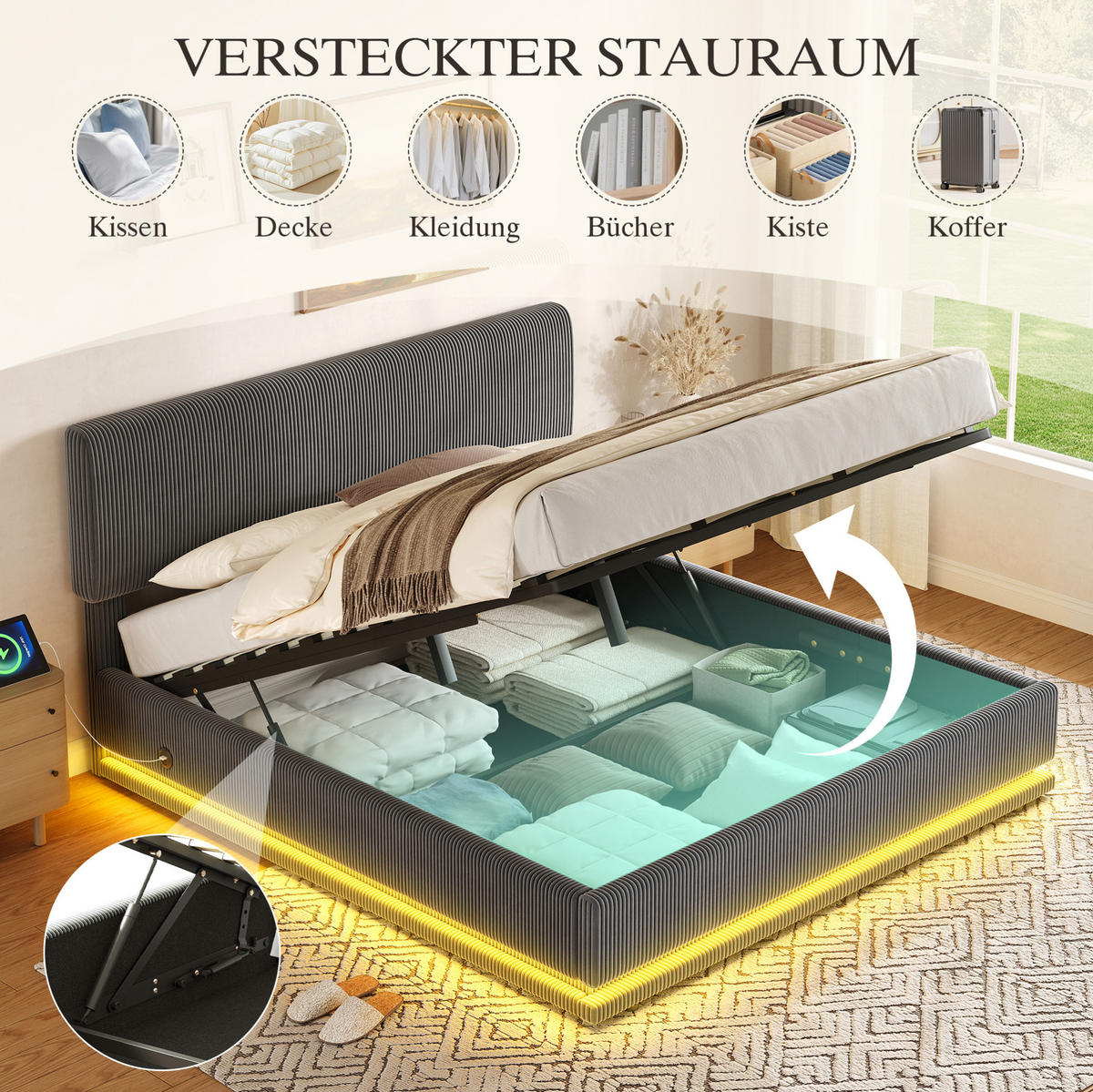 POLSTERBETT mit LED und USB-C 140x200 cm Cord Dark Grey - Dunkelgrau, Metall (140/200cm) - Meubliv