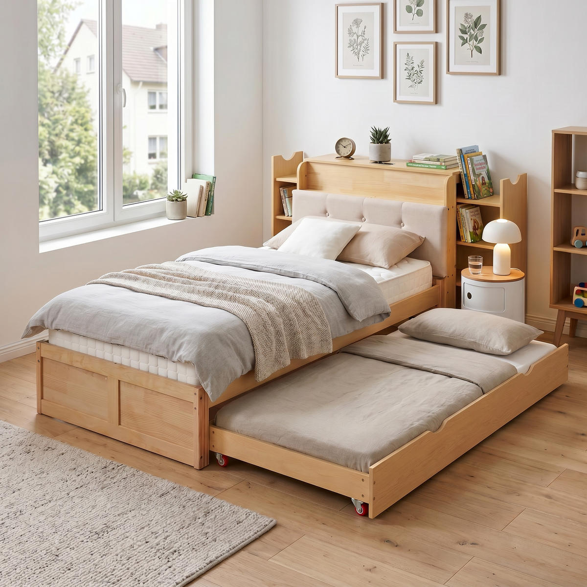 BETT 90/200 cm in Naturholzfarben & Beige mit Ausziehbett, Ablage, USB - Naturfarben, Holz/Holzwerkstoff (90/200cm) - WISHDOR