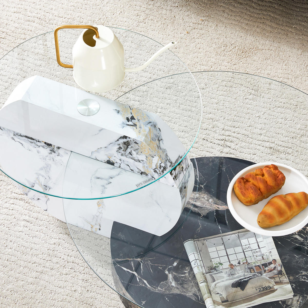 COUCHTISCH Ø 50/70 cm Transparent Weiß Schwarz MDF Glas 2 Ebenen mit Marmoroptik - Transparent, Holzwerkstoff (90/70/44cm) - OKWISH