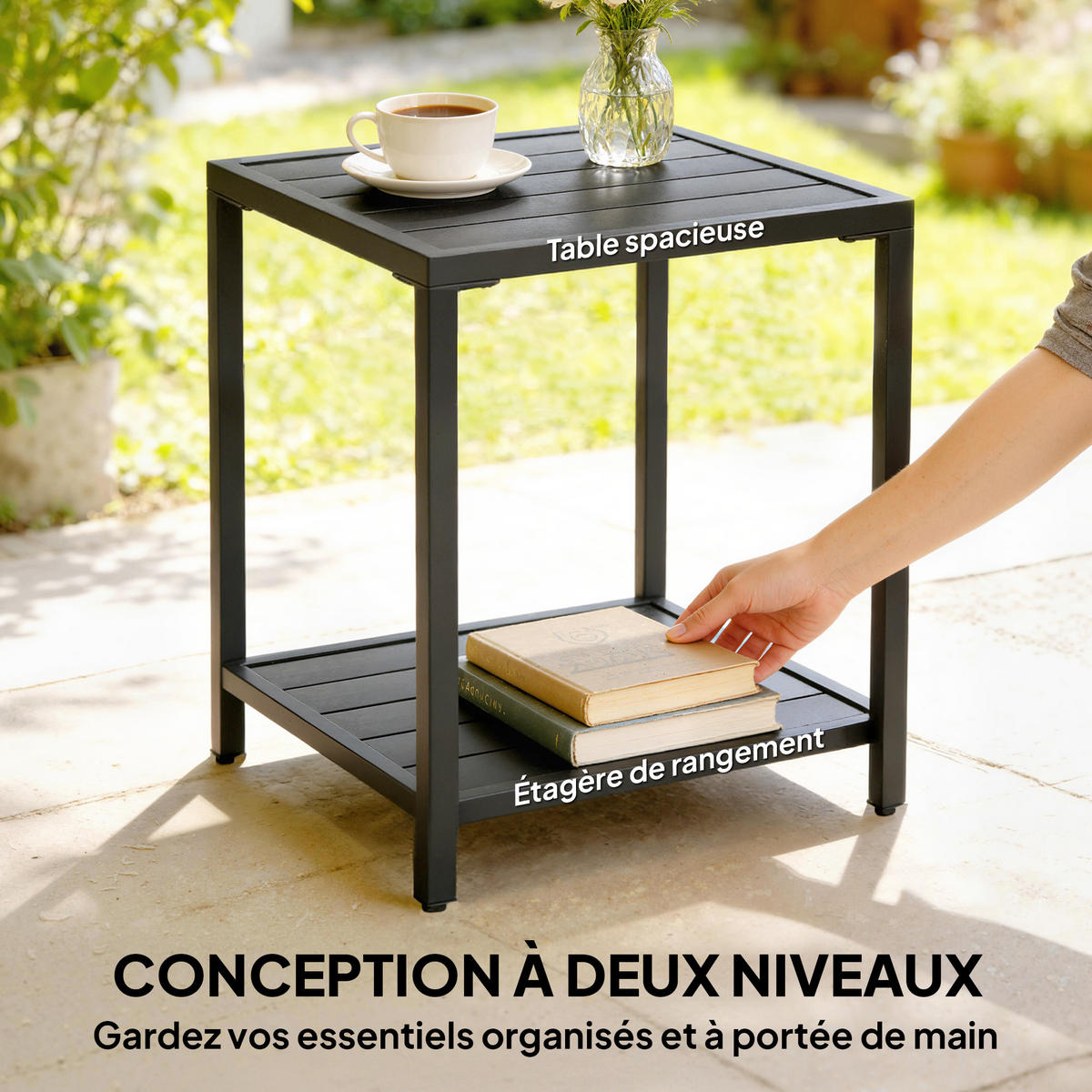 GARTENBEISTELLTISCH DE-14194 zweistufig, quadratisch Schwarz - Schwarz, Metall (45/45/54cm) - ComfortXL