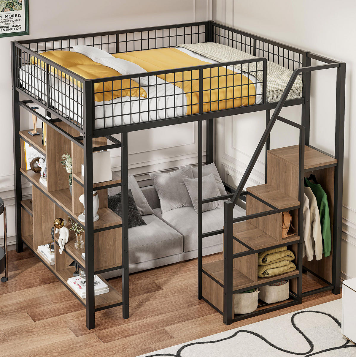 VYSOKÁ postel 140/200 cm černá z kovu se schodišťovým úložným prostorem - černá, kov (140/200cm) - OKWISH
