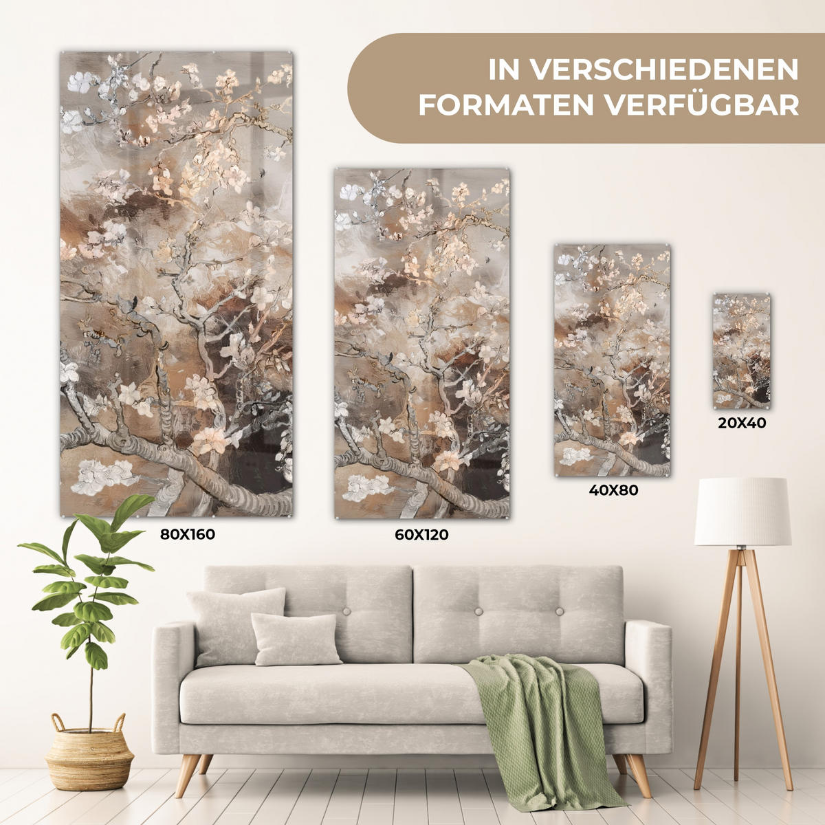 ACRYLGLASBILD Mandelblüte - Kunst - Van Gogh - Beige - Abstrakt 60x120 cm - Braun, Glas (60/120cm) - MuchoWow