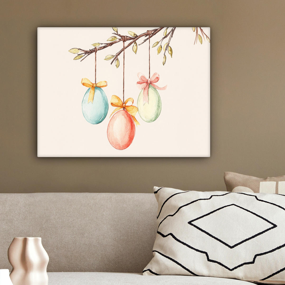 LEINWANDBILD Osterkuchen - Schleife - Eier Wandbild 40x30 cm - Creme, Textil (40/30cm) - MuchoWow