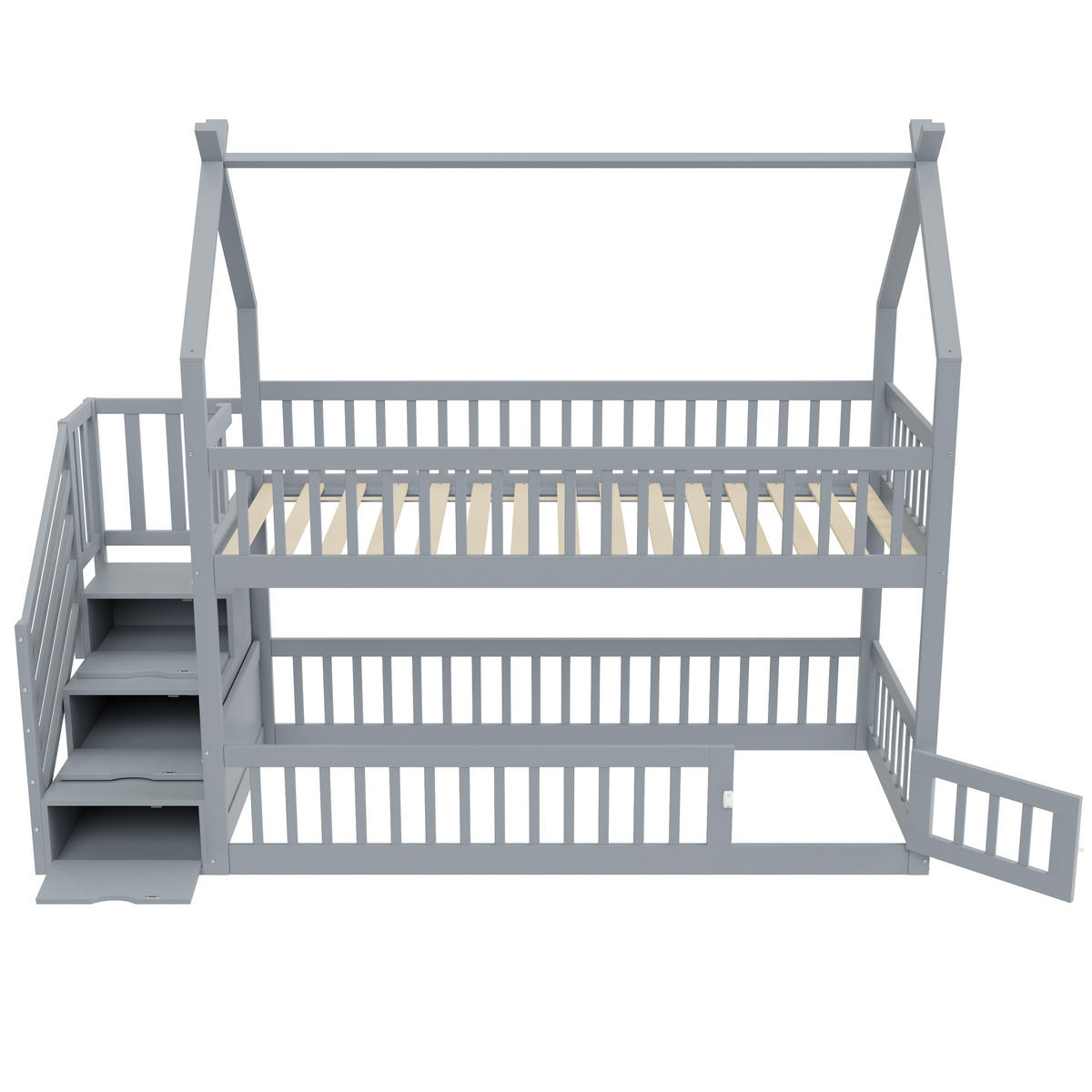 ETAGENBETT 90/200 cm grau aus massivem Kiefernholz mit Dach und Sicherheitstreppe - Grau, Holz (90/200cm) - OKWISH