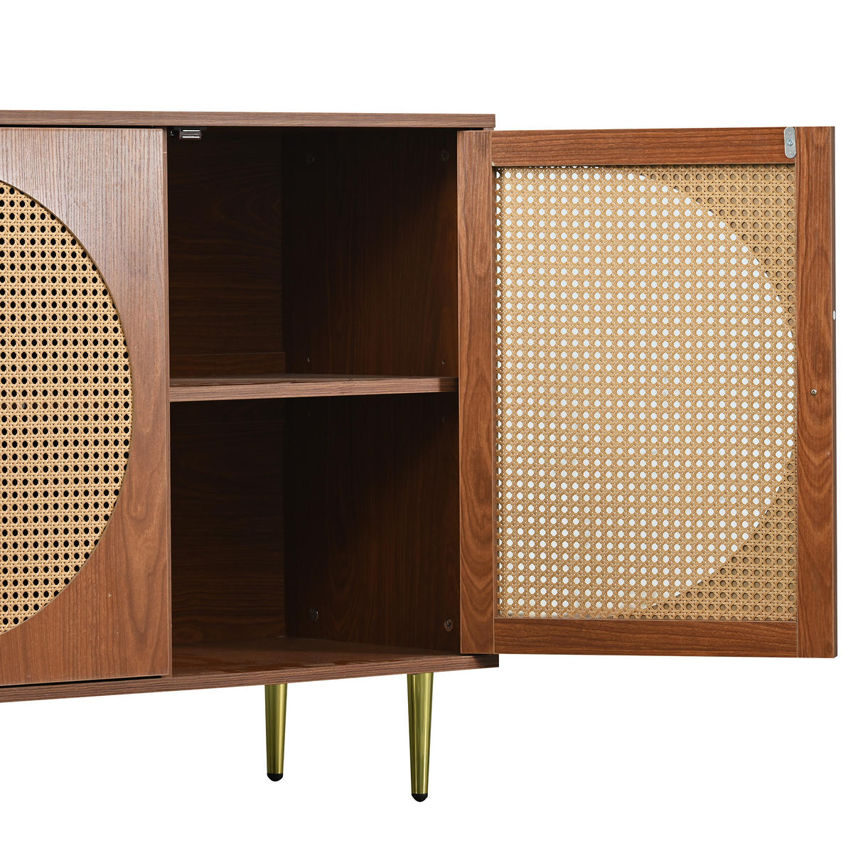 SIDEBOARD, 3 Rattan Türen, Metallgriffe, Nussbaum, 129.8x40x76cm - Walnussfarben, Holzwerkstoff (40/76/129.8cm) - FLIEKS