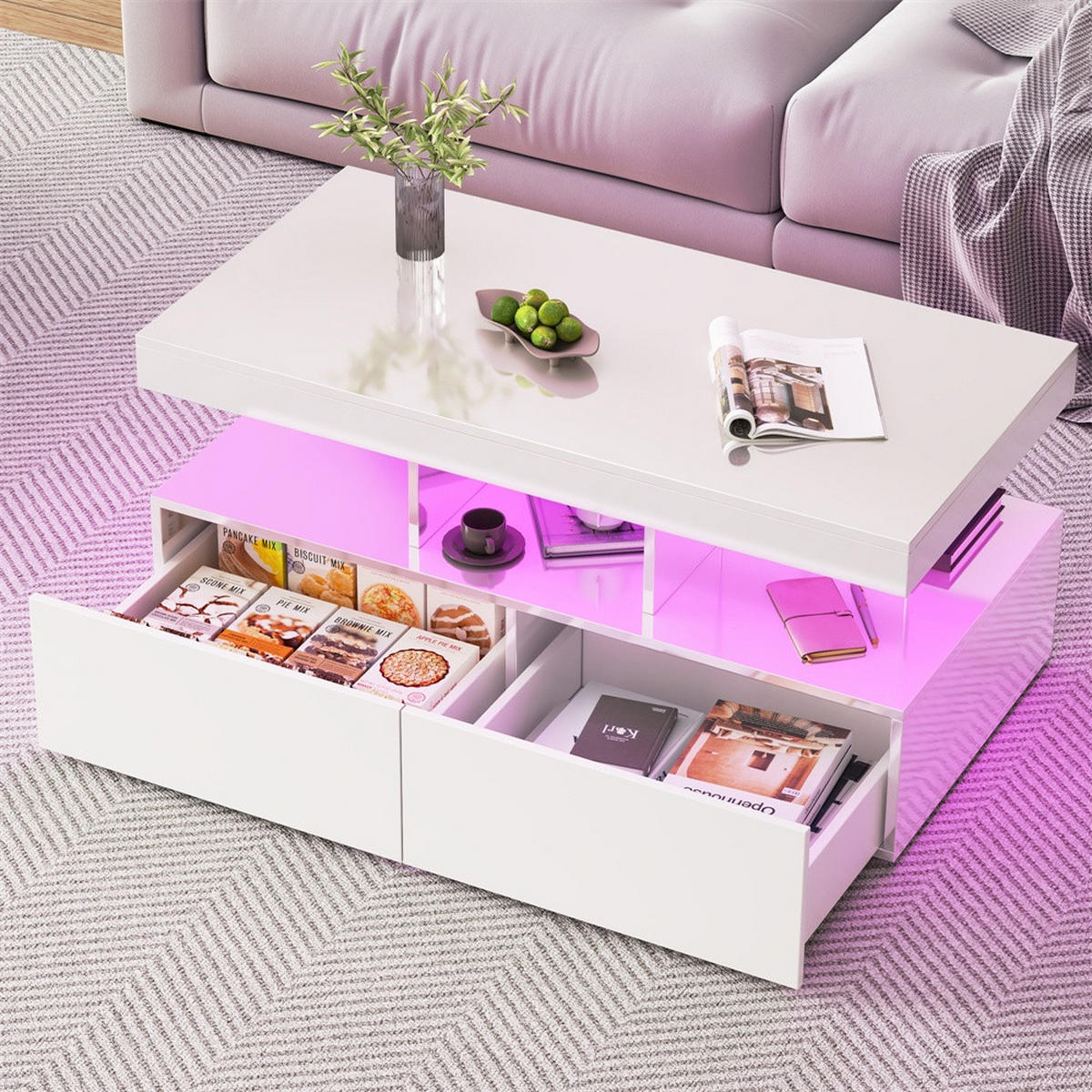 COUCHTISCH in Hochglanz-Weiß mit LED-Beleuchtung und 2 Schubladen - Weiß, Holzwerkstoff (104/53/46cm) - DELFA
