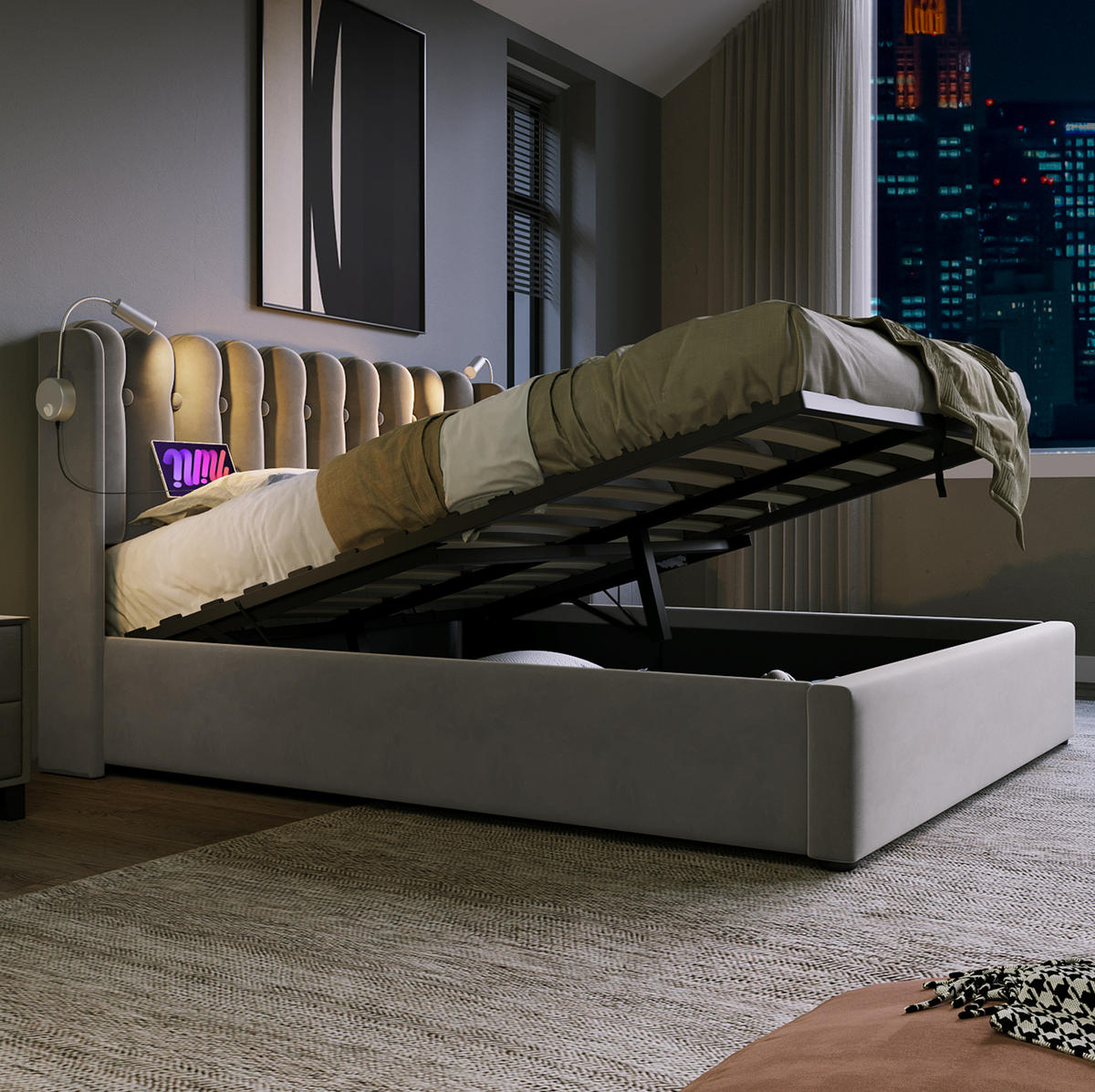 POLSTERBETT aus Samt 140x200 cm Grau mit Bettkasten, Leselicht und USB-Anschluss - Grau, Textil (140/200cm) - IVMEU