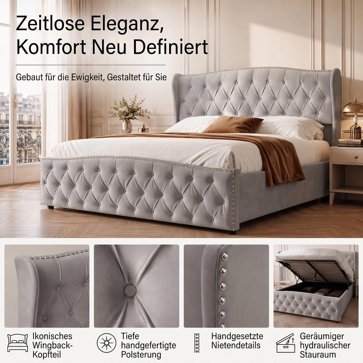 POLSTERBETT 160x200 cm mit Bettkasten, Doppelbett mit Kopfteil, Lattenrost und Stauraum, Samt Grau - Grau, Holz/Textil (160/200cm) - GENKI LIVING