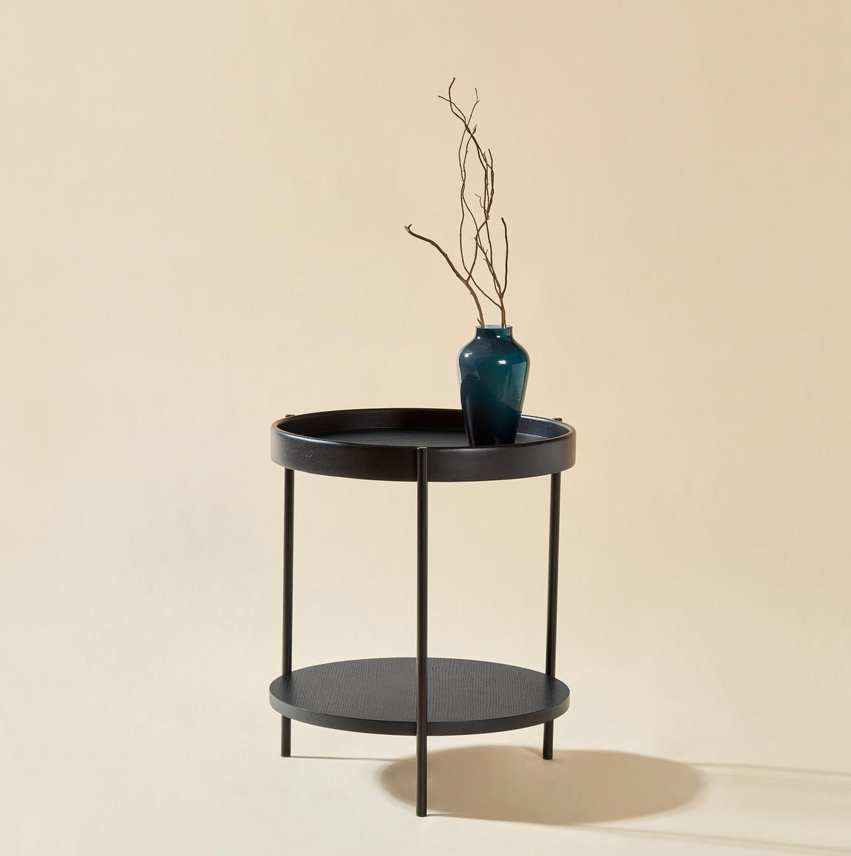 COUCHTISCH Ø69/38 cm Schwarz aus Massivholz und MDF mit 2-stöckigem Design - Schwarz, Holzwerkstoff (44/44/48cm) - OKMYHOME
