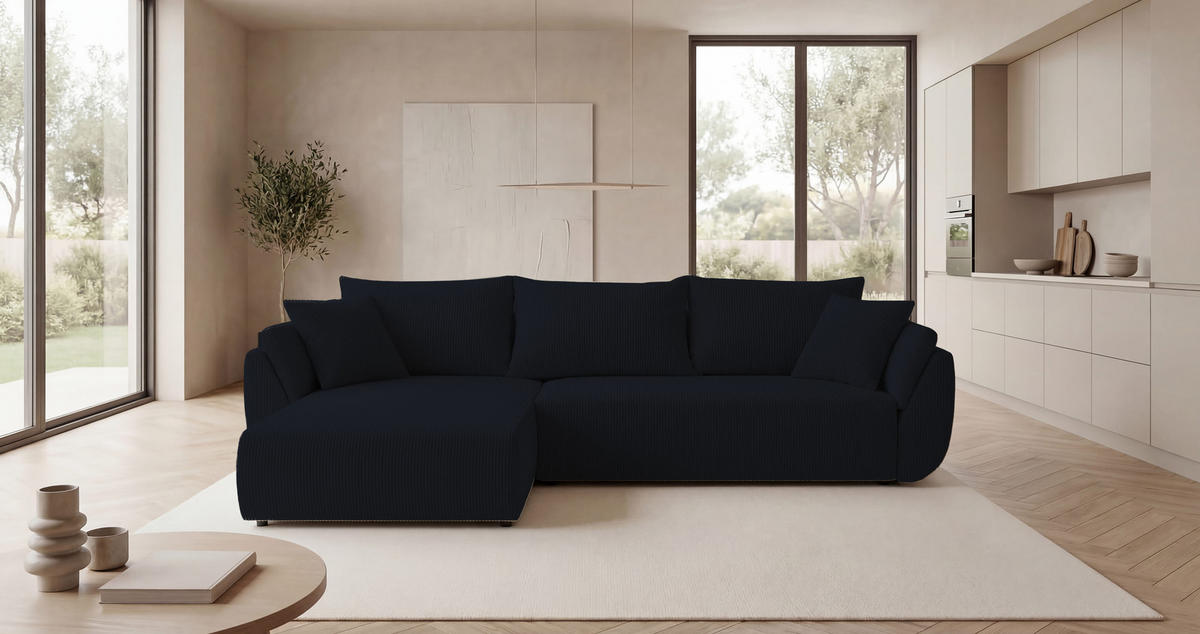 ECKSOFA SYDNEY links schwarz Cord Poso 135 - Schlaffunktion, Bettkasten - Schwarz, Textil (280/174cm) - Cornero